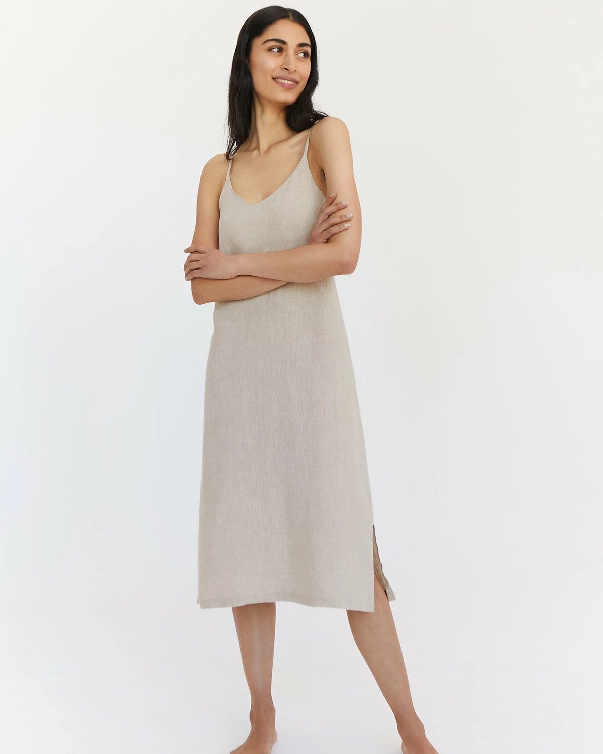 Oatmeal 100% French Flax Linen Midi Dress 1 Oatmeal 100% French Flax Linen Midi Dress