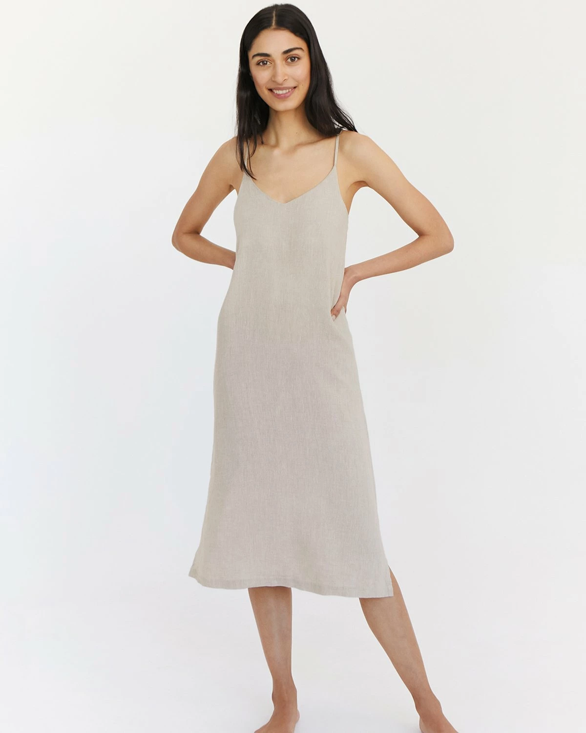 Oatmeal 100% French Flax Linen Midi Dress 3 Oatmeal 100% French Flax Linen Midi Dress - Image 3