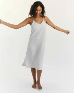 Pinstripe 100% French Flax Linen Midi Dress