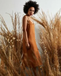 Rust 100% French Flax Linen Midi Dress -Bed Linings Sales Store BEDTHREADS02 11 202030278