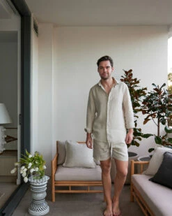 Oatmeal 100% French Flax Linen Men's Long Sleeve Shirt -Bed Linings Sales Store Bed Threads Ed Hansen 08 Menswear Outdoor Oatmeal 628