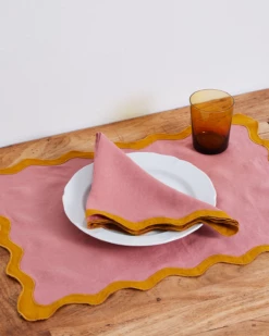Pink Clay & Turmeric 100% French Flax Linen Scalloped Napkins (Set Of Four)