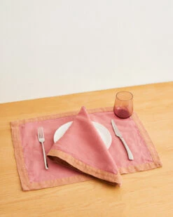 Pink Clay & Hazelnut 100% French Flax Linen Trim Napkins (Set Of Four)