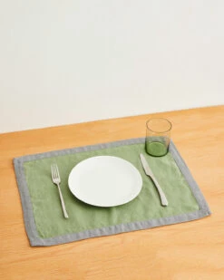 Pistachio & Mineral 100% French Flax Linen Trim Placemats (Set Of Four)