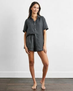 Charcoal 100% French Flax Linen Short Sleeve Shirt -Bed Linings Sales Store charcoal top 04