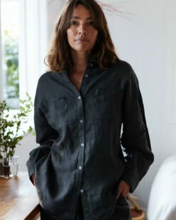 Charcoal 100% French Flax Linen Long Sleeve Shirt -Bed Linings Sales Store charcoallongsleeve