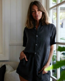 Charcoal 100% French Flax Linen Short Sleeve Shirt -Bed Linings Sales Store charcoalshortsleeve