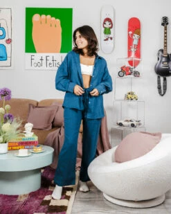 Petrol 100% French Flax Linen Long Sleeve Shirt -Bed Linings Sales Store dani petrolcopy