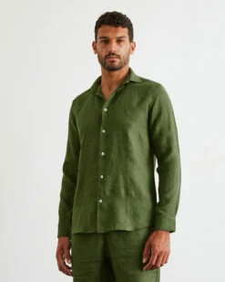 Olive 100% French Flax Linen Men's Long Sleeve Shirt