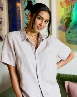 Lilac 100% French Flax Linen Short Sleeve Shirt -Bed Linings Sales Store lilac sshirt