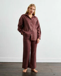 Cacao 100% French Flax Linen Long Sleeve Shirt -Bed Linings Sales Store ls 03