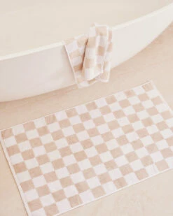 White & Oatmeal Check 100% French Flax Linen Terry Bath Mat -Bed Linings Sales Store oatmeal white 2