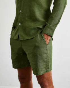 Olive 100% French Flax Linen Men's Shorts -Bed Linings Sales Store ol 3