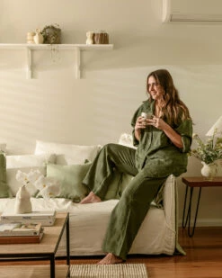 Olive 100% French Flax Linen Long Sleeve Shirt -Bed Linings Sales Store olive lsshirt pant