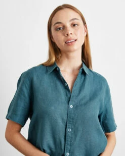 Petrol 100% French Flax Linen Short Sleeve Shirt -Bed Linings Sales Store petrol top 01