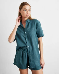 Petrol 100% French Flax Linen Short Sleeve Shirt