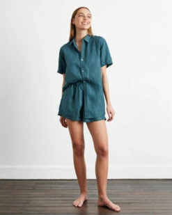 Petrol 100% French Flax Linen Short Sleeve Shirt -Bed Linings Sales Store petrol top 04