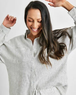 Pinstripe 100% French Flax Linen Long Sleeve Shirt -Bed Linings Sales Store pin 01 3904452f 5828 42a3 a4a6 b9f906ca16ea