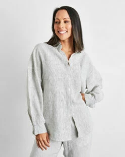 Pinstripe 100% French Flax Linen Long Sleeve Shirt
