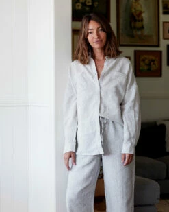 Pinstripe 100% French Flax Linen Long Sleeve Shirt -Bed Linings Sales Store pinstripe lshirt pant