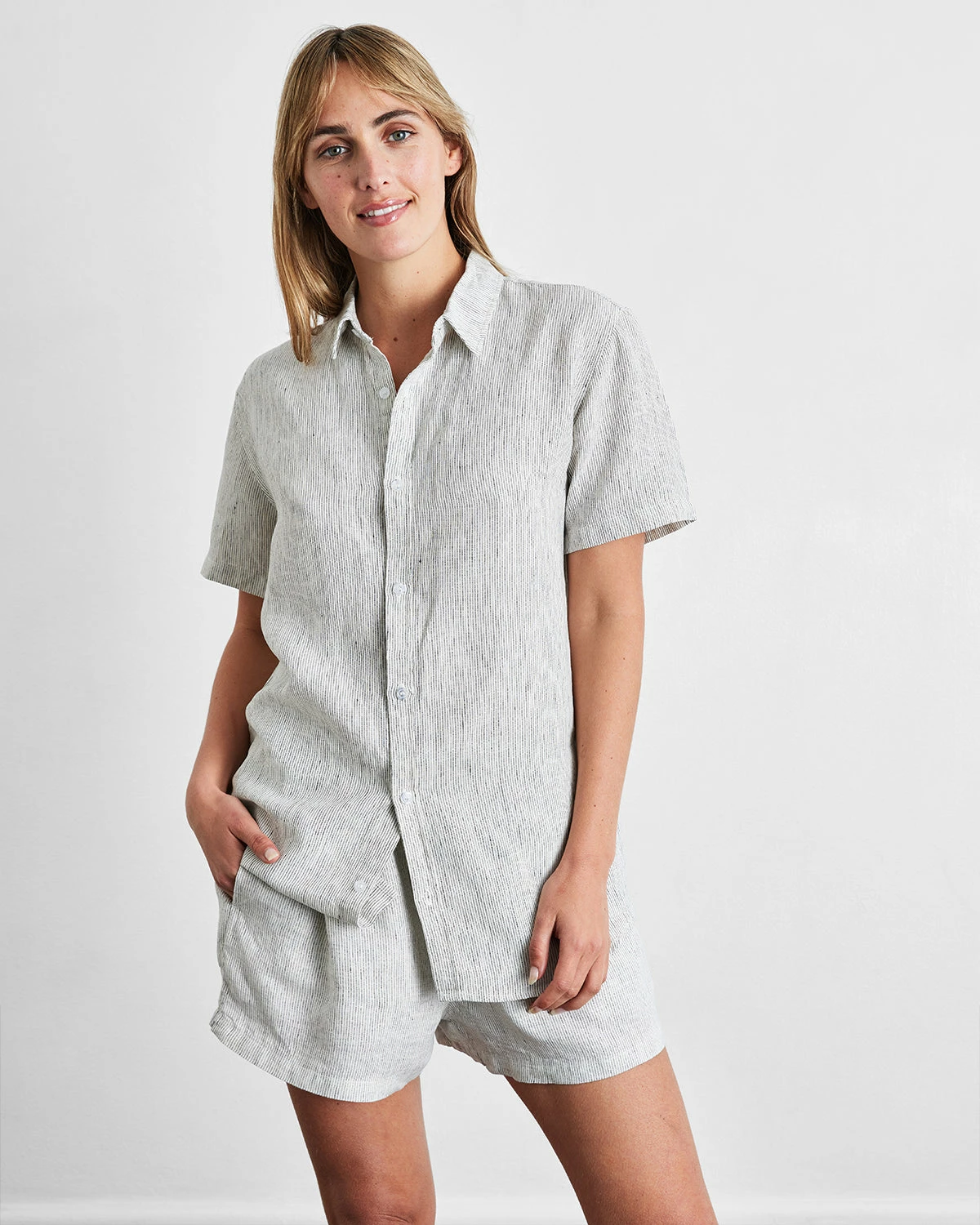 Pinstripe 100% French Flax Linen Short Sleeve Shirt 1 Pinstripe 100% French Flax Linen Short Sleeve Shirt