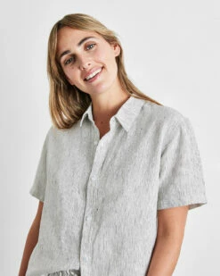 Pinstripe 100% French Flax Linen Short Sleeve Shirt 7 Pinstripe 100% French Flax Linen Short Sleeve Shirt -Bed Linings Sales Store pinstripe sshirt 04