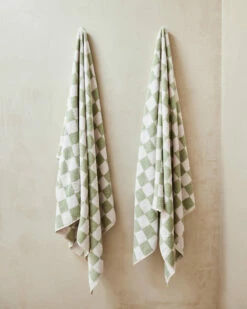 Rosewater & Sage Check 100% French Flax Linen Terry Bath Towel -Bed Linings Sales Store rosewater sage 1