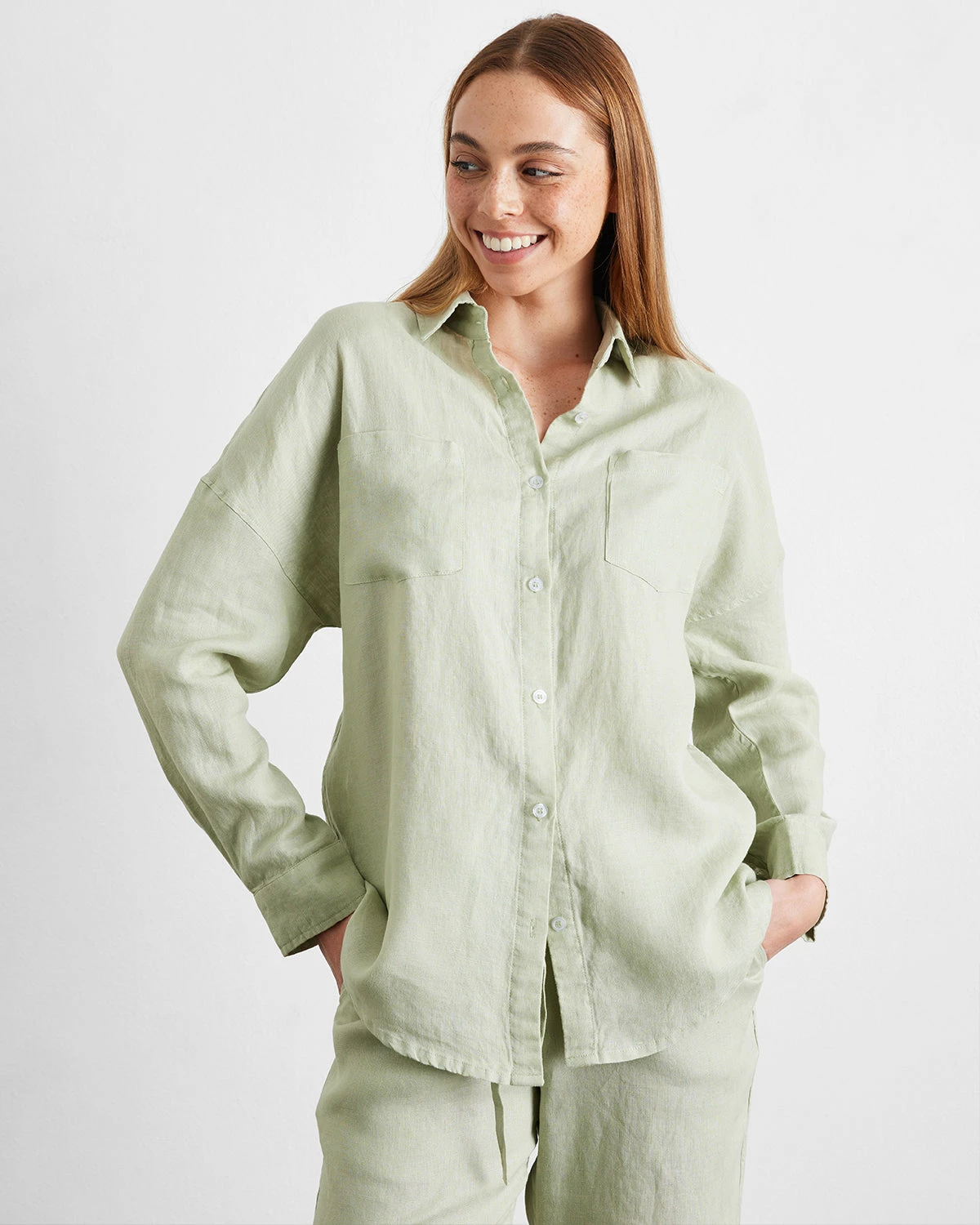 Sage 100% French Flax Linen Long Sleeve Shirt 2 Sage 100% French Flax Linen Long Sleeve Shirt - Image 2