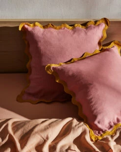 Pink Clay & Turmeric 100% French Flax Linen Scalloped European Pillowcases (Set Of Two) 6 Pink Clay & Turmeric 100% French Flax Linen Scalloped European Pillowcases (Set Of Two) -Bed Linings Sales Store scalloped euro turmeric02