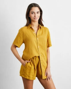 Turmeric 100% French Flax Linen Short Sleeve Shirt