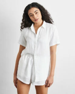 White 100% French Flax Linen Short Sleeve Shirt