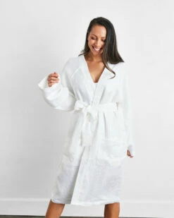 White 100% French Flax Linen Waffle Robe