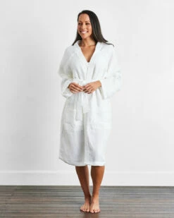 White 100% French Flax Linen Waffle Robe -Bed Linings Sales Store wht 04